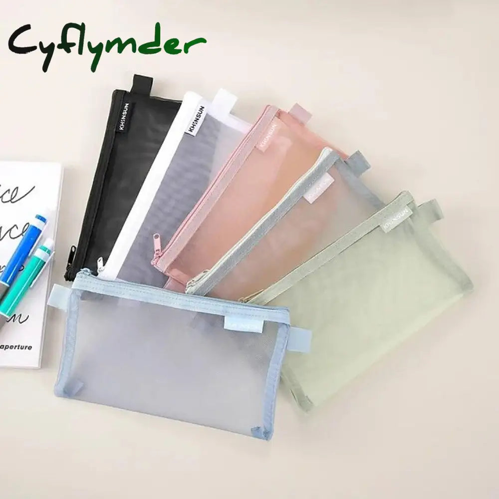 Cyflymder Back To School Simple Transparent Mesh Pencil Case Storage Student Bag Large Capacity