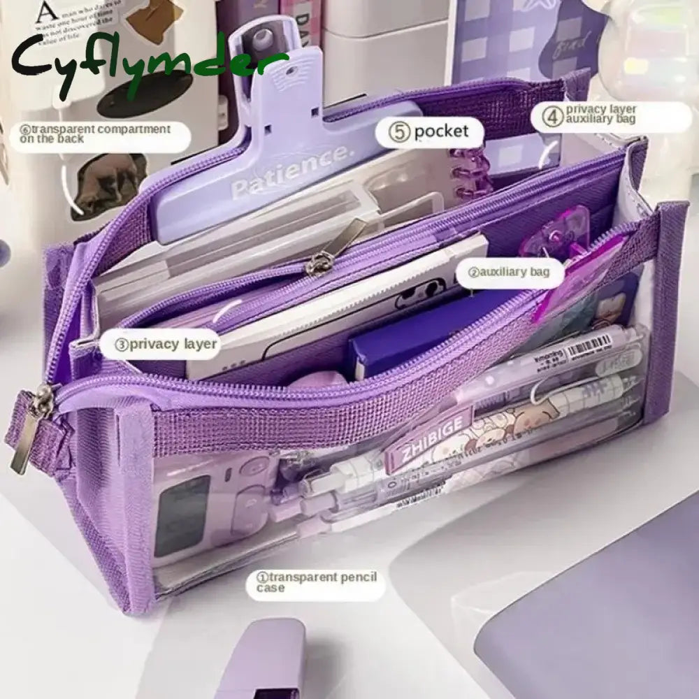 Cyflymder Back To School Transparent Pencil Case 4/6-Layers Kawaii Pen Pouch With Zipper Large