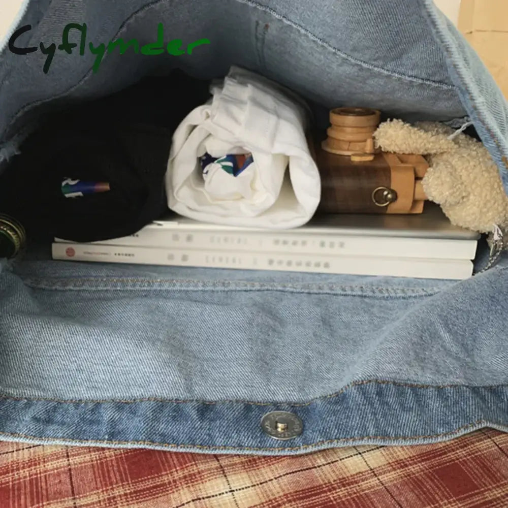 Cyflymder Back To School Unisex Denim Tote Handbag Large Capacity Lightweight Versatile Jeans Top