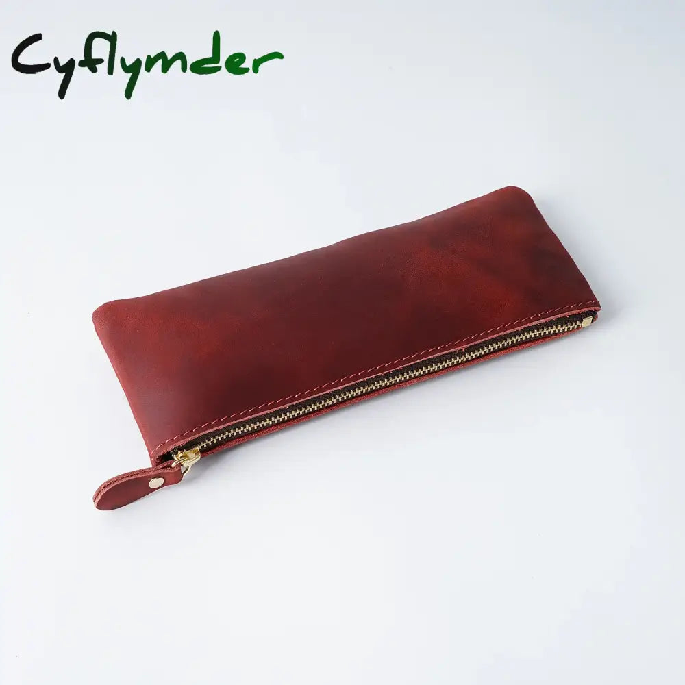 Cyflymder Back To School Vintage Genuine Leather Zippered Pencil Case Cowhide Stationery Organizer