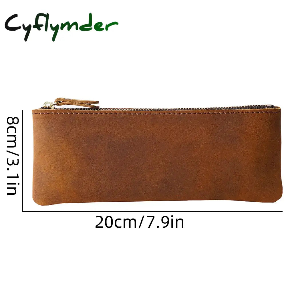 Cyflymder Back To School Vintage Genuine Leather Zippered Pencil Case Cowhide Stationery Organizer