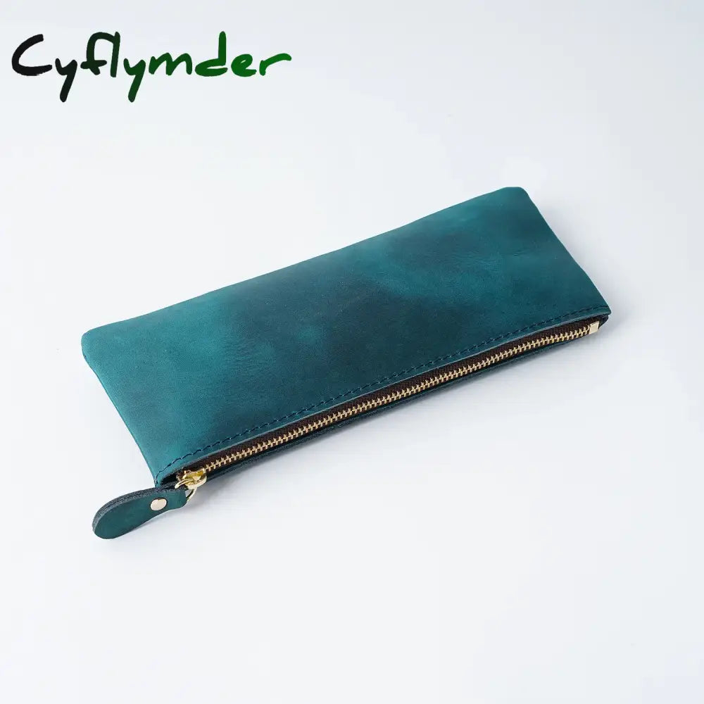 Cyflymder Back To School Vintage Genuine Leather Zippered Pencil Case Cowhide Stationery Organizer