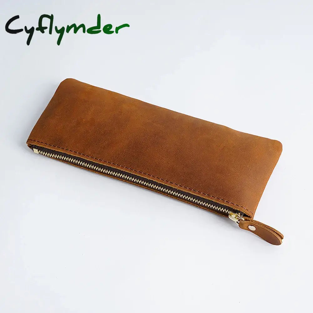 Cyflymder Back To School Vintage Genuine Leather Zippered Pencil Case Cowhide Stationery Organizer