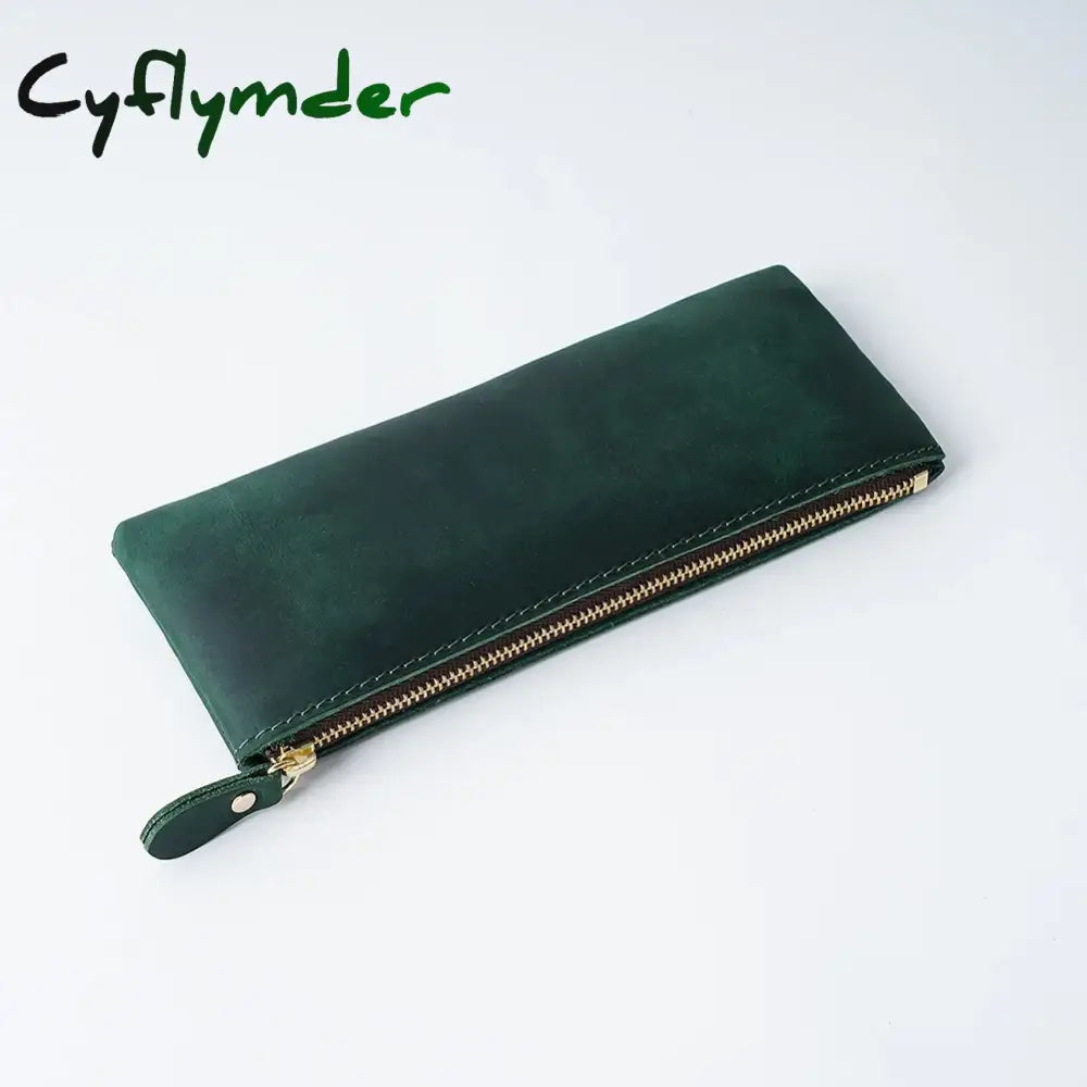 Cyflymder Back To School Vintage Genuine Leather Zippered Pencil Case Cowhide Stationery Organizer