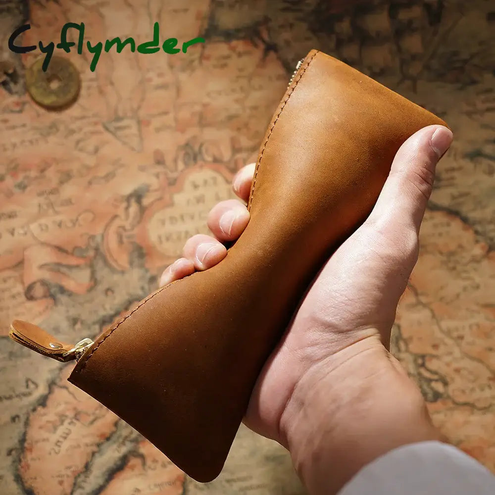 Cyflymder Back To School Vintage Genuine Leather Zippered Pencil Case Cowhide Stationery Organizer