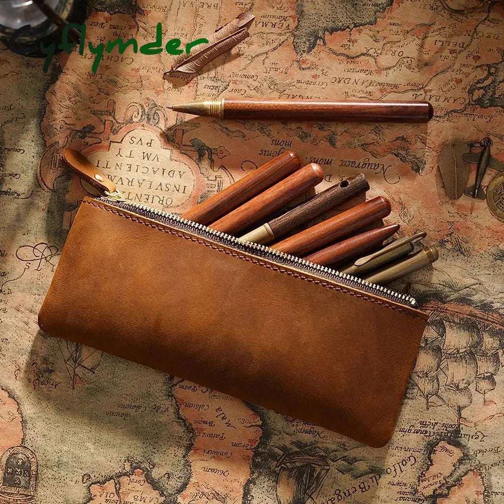 Cyflymder Back To School Vintage Genuine Leather Zippered Pencil Case Cowhide Stationery Organizer