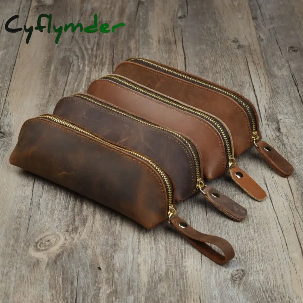 Cyflymder Back To School Vintage Leather Pencil Bag Simple Stationery Hoder Pen Case Storage Zipper