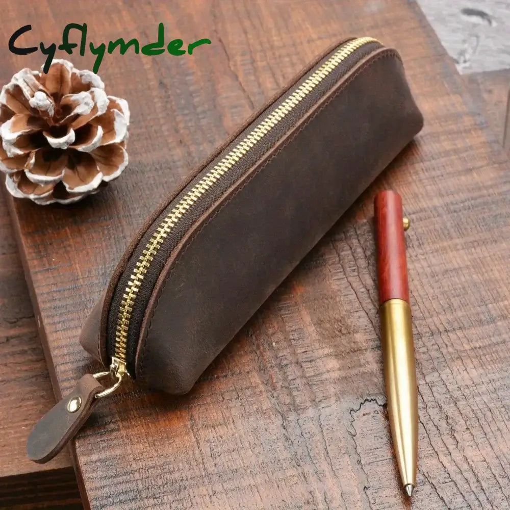 Cyflymder Back To School Vintage Leather Pencil Bag Simple Stationery Hoder Pen Case Storage Zipper