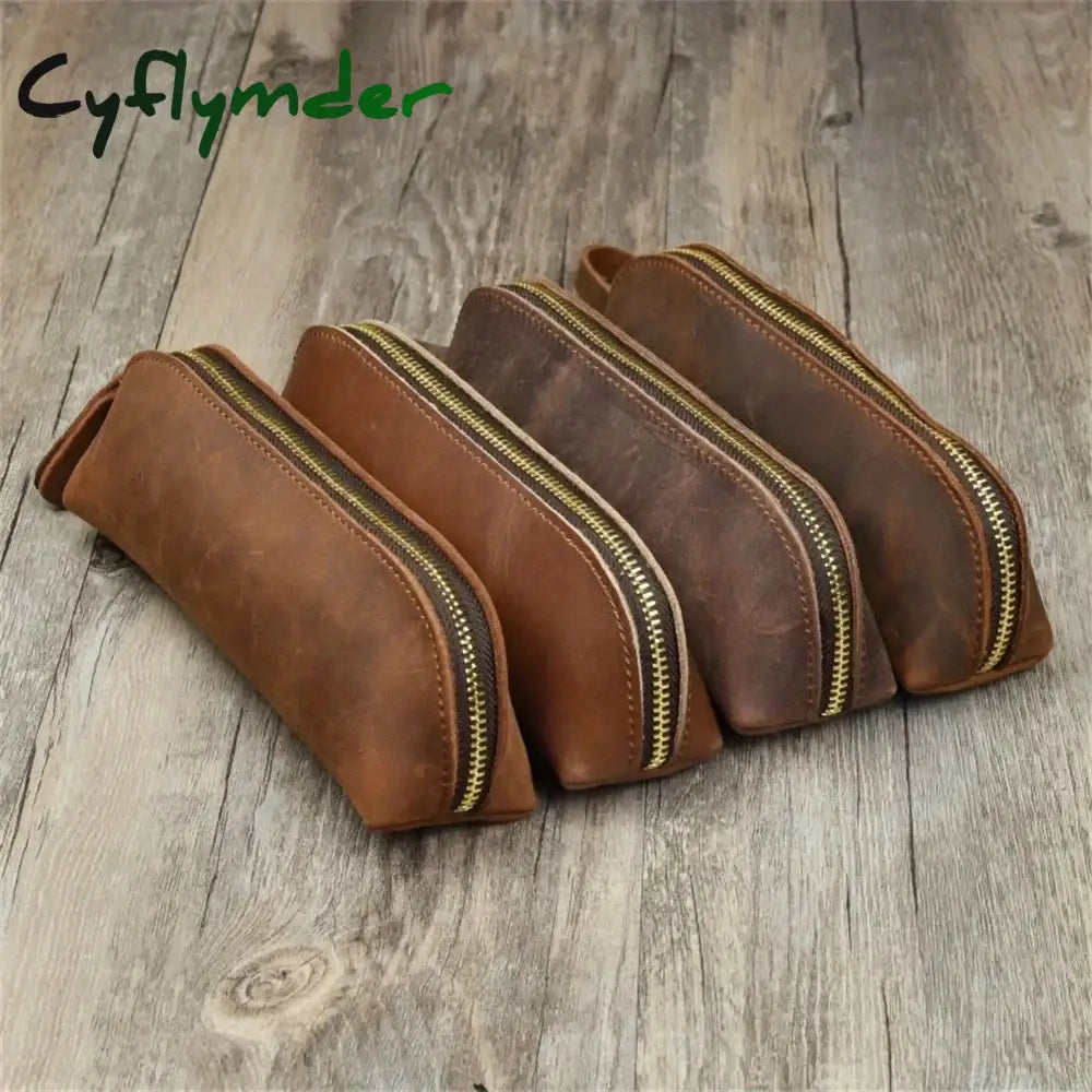 Cyflymder Back To School Vintage Leather Pencil Bag Simple Stationery Hoder Pen Case Storage Zipper