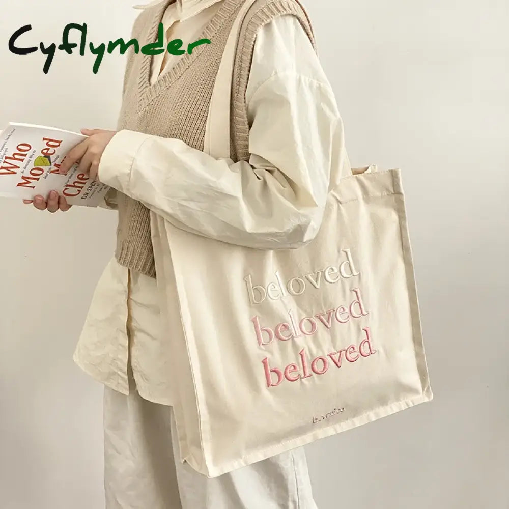 Cyflymder Back To School Women Canvas Shoulder Bag Beloved Embroidery Daily Shopping Bags Students