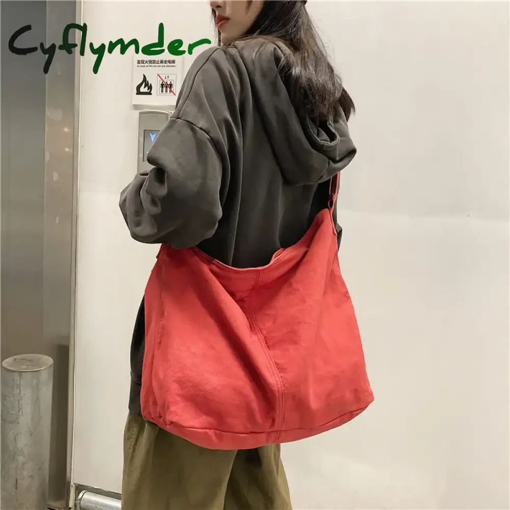 Cyflymder Back To School Women Canvas Shoulder Bags Large Capacity Thick Cotton Cloth Books Handbag