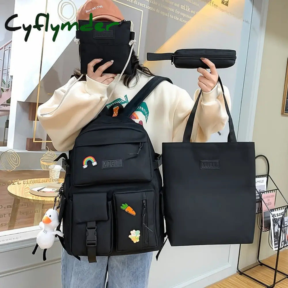 Cyflymder Backpack Women 4 Pcs Sets Canvas Schoolbags For Teenage Girls Canvas Kids Primary School