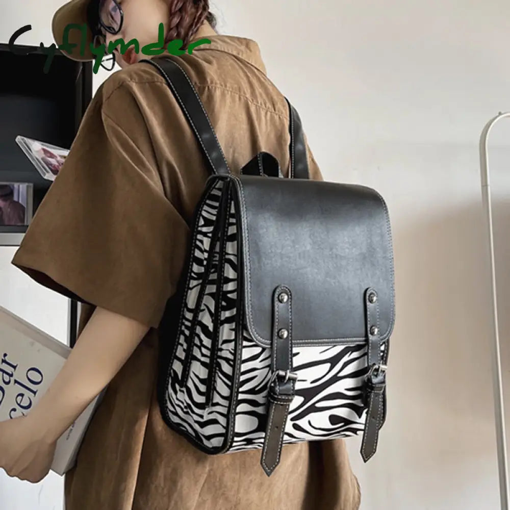 Cyflymder Backpacks Women Leather Cute Zebra Backpack Female White Back Pack Black For Teen Girls