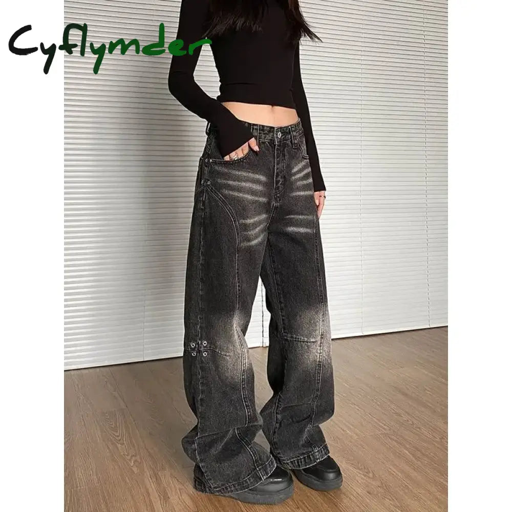 Cyflymder Baggy Y2K Vintage Black Jeans America Retro Oversize Harajuku Wide Leg Denim Pants Grunge