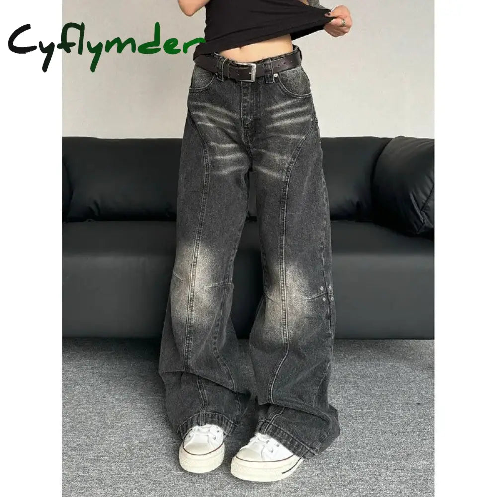 Cyflymder Baggy Y2K Vintage Black Jeans America Retro Oversize Harajuku Wide Leg Denim Pants Grunge