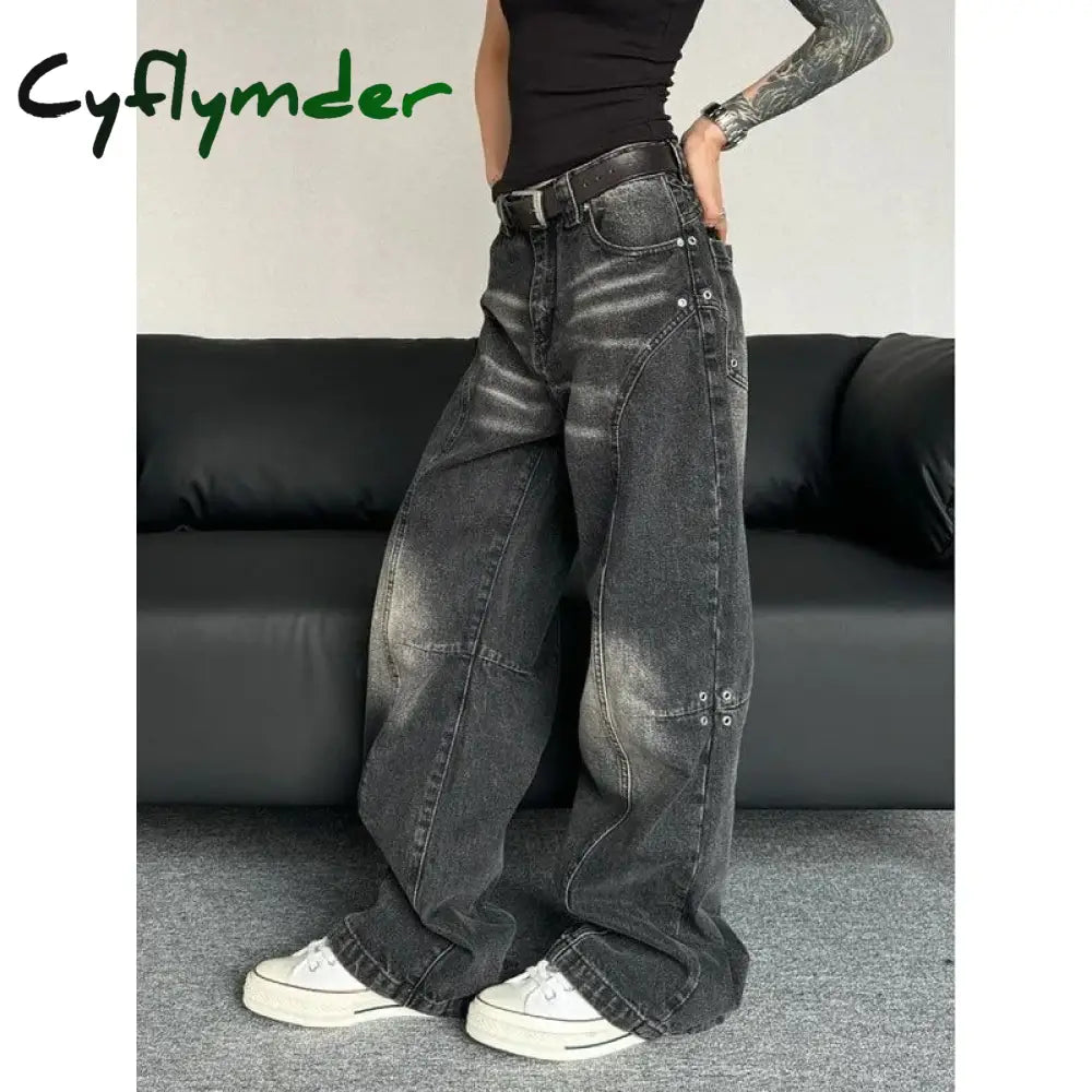 Cyflymder Baggy Y2K Vintage Black Jeans America Retro Oversize Harajuku Wide Leg Denim Pants Grunge