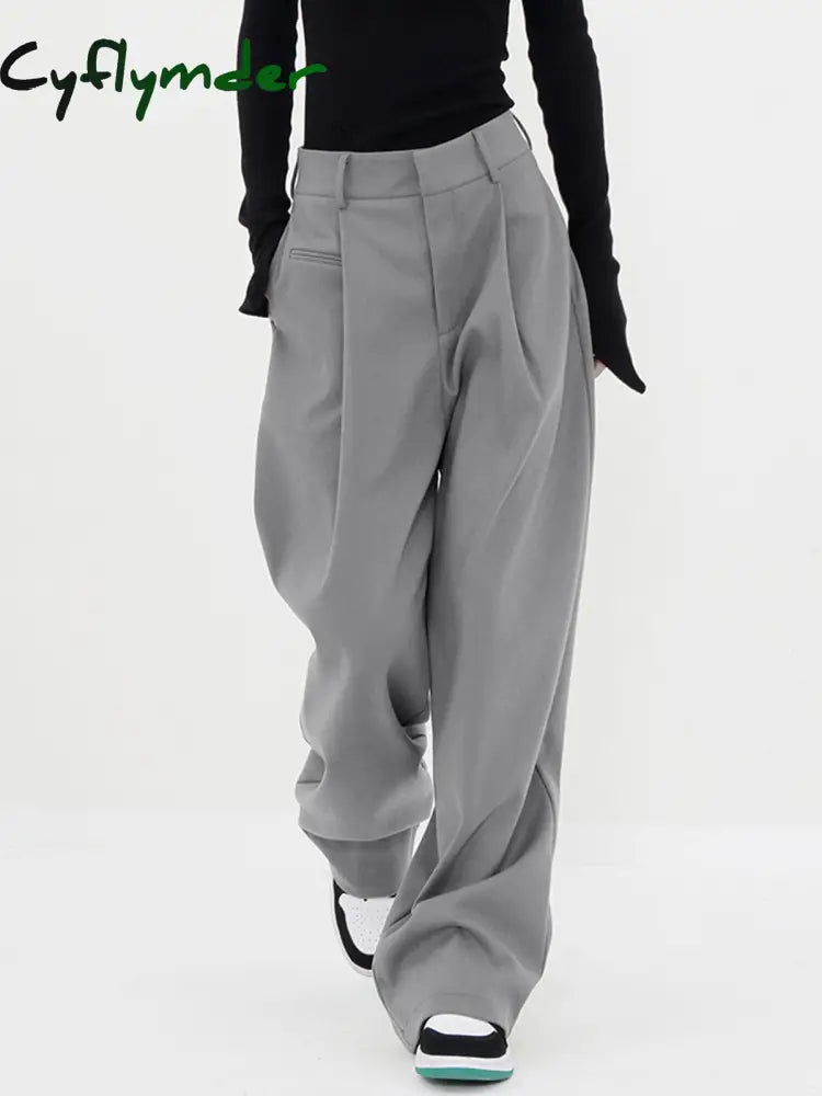 Cyflymder- Basic Baggy Wide Leg Dress Pants Grey / Xs