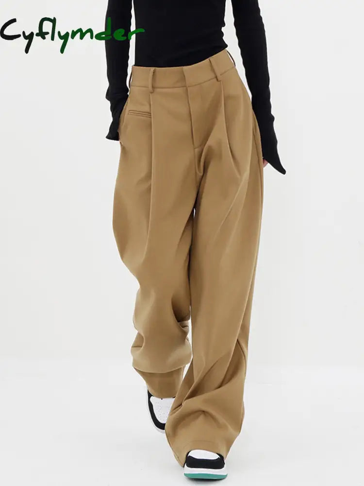 Cyflymder- Basic Baggy Wide Leg Dress Pants Khaki / Xs