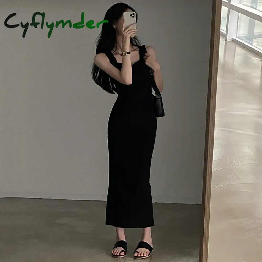 Cyflymder Basic Knit Long Dress Korean Fashion Square Collar Sleeveless Women’s Dresses Summer