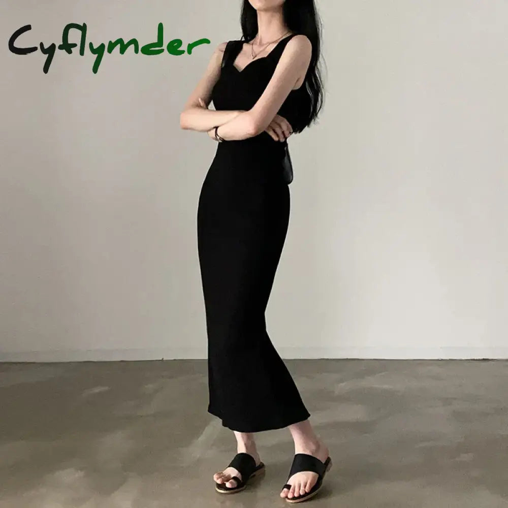 Cyflymder Basic Knit Long Dress Korean Fashion Square Collar Sleeveless Women’s Dresses Summer
