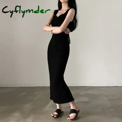 Cyflymder Basic Knit Long Dress Korean Fashion Square Collar Sleeveless Women’s Dresses Summer