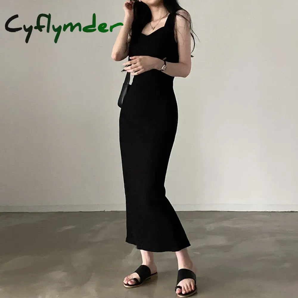 Cyflymder Basic Knit Long Dress Korean Fashion Square Collar Sleeveless Women’s Dresses Summer