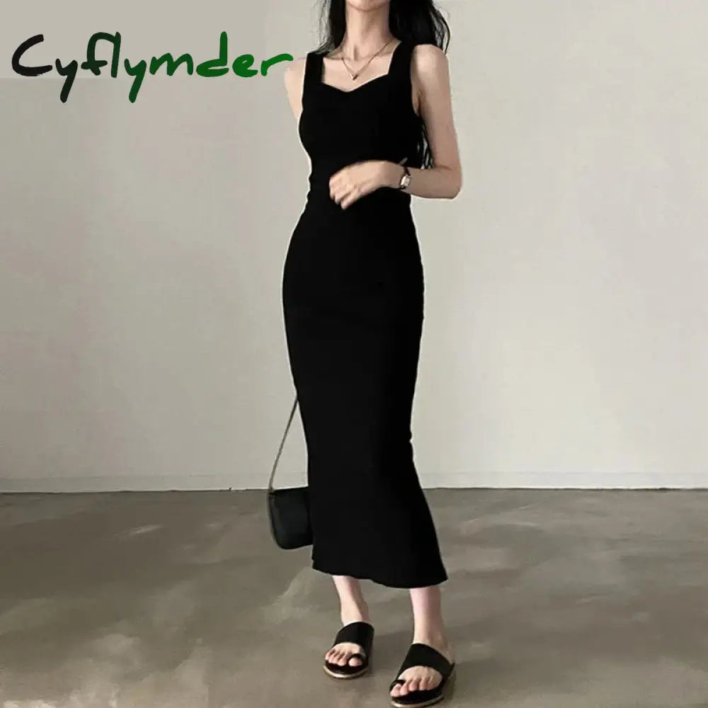 Basic Knit Long Dress Korean Fashion Square Collar Sleeveless Women's Dresses Summer Casual Y2k Vintage All-match Outftis