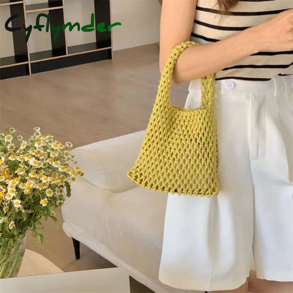 Cyflymder Beach Crochet Handbag For Women Girls Summer Straw Rope Hollow Out Hand Woven Totes Bag