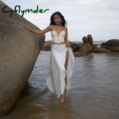 Cyflymder Beach Holiday Women’s Summer Low Waist Skirt Solid Color Ruched Side Split Long Y2K