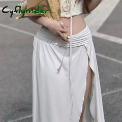 Cyflymder Beach Holiday Women’s Summer Low Waist Skirt Solid Color Ruched Side Split Long Y2K