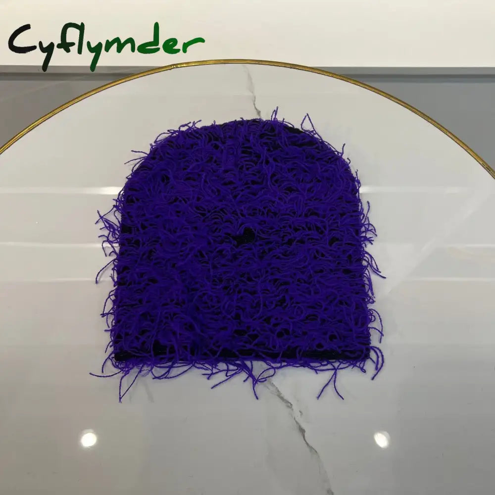 Cyflymder beanie outfits Knitted Mossy Beanie Warm Winter Hats Grassy Distressed Beanies For Men And Women PURPLE