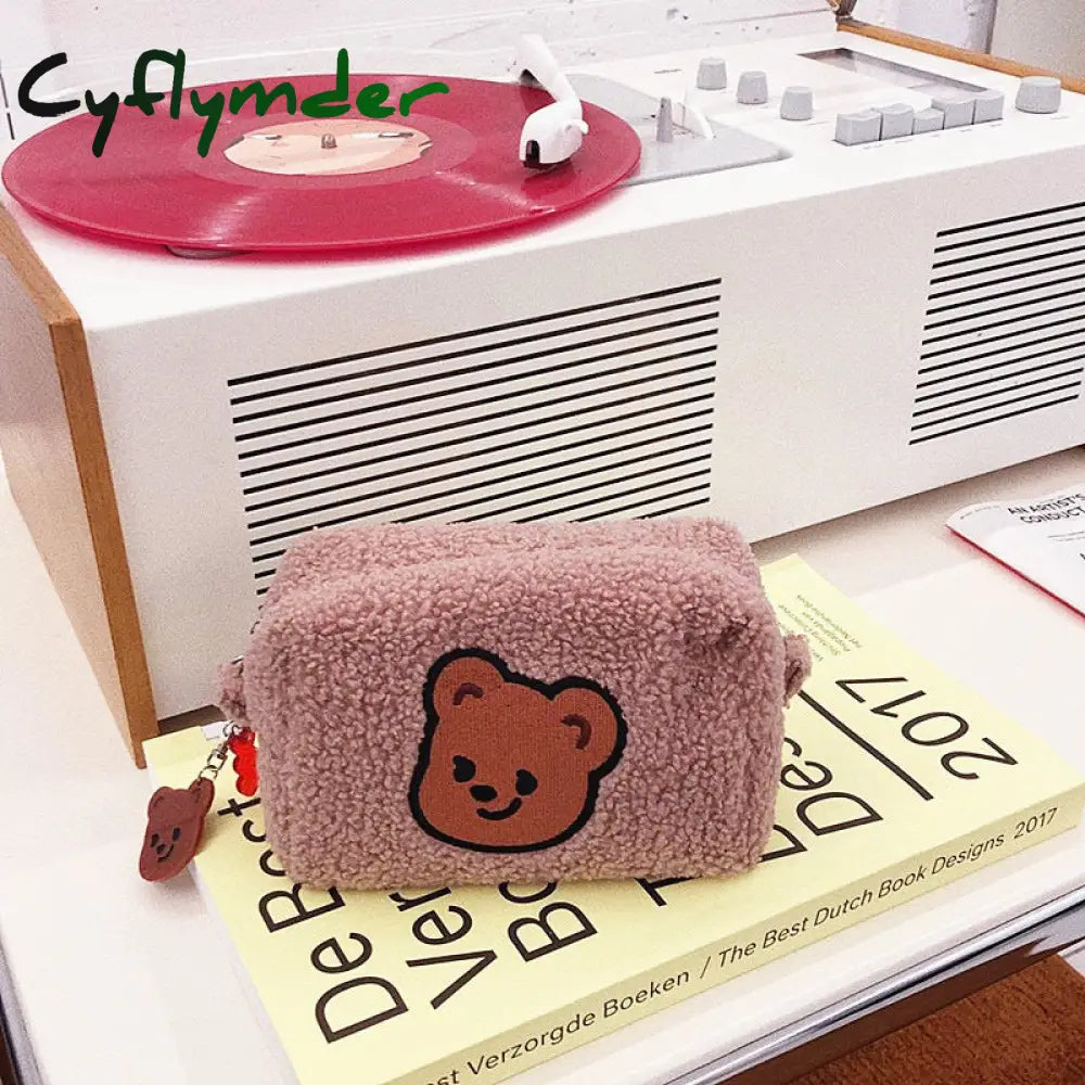 Cyflymder Bear Flannel Cosmetic Bag Portable Large Capacity Wash Women Travel Makeup Brush