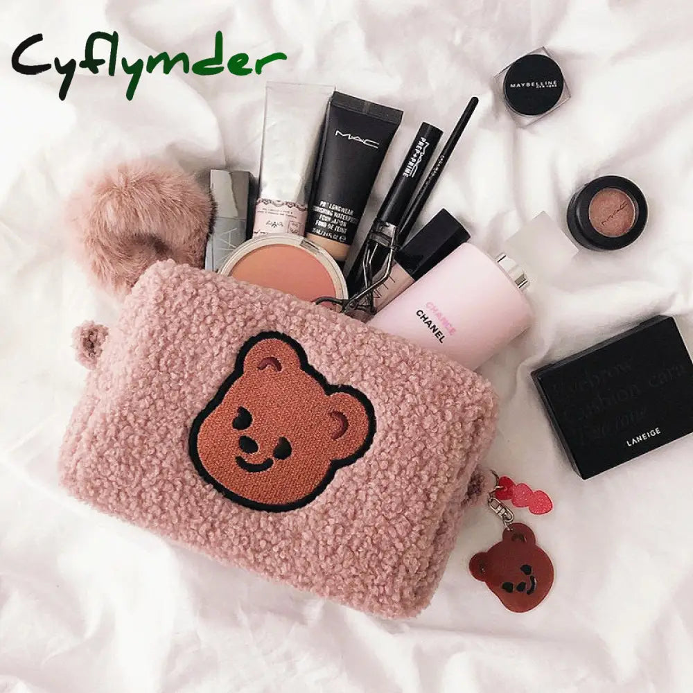 Cyflymder Bear Flannel Cosmetic Bag Portable Large Capacity Wash Women Travel Makeup Brush