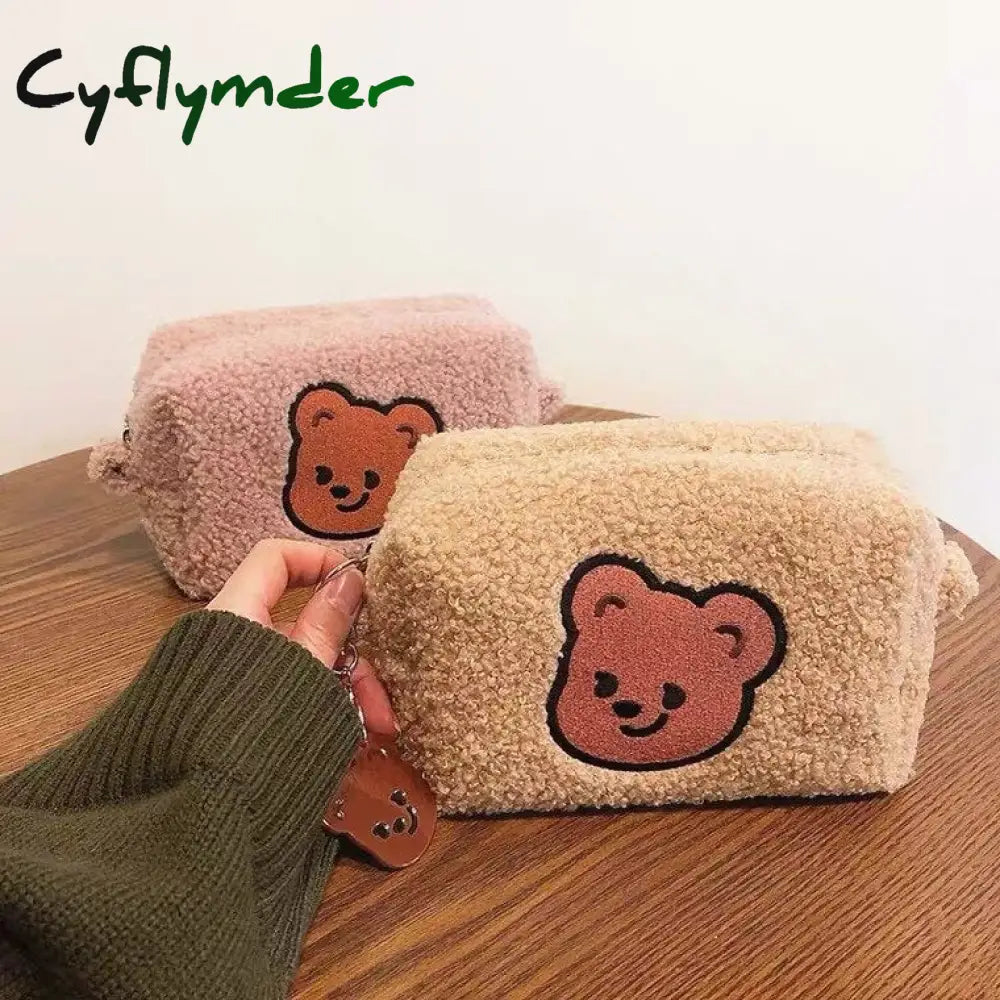 Cyflymder Bear Flannel Cosmetic Bag Portable Large Capacity Wash Women Travel Makeup Brush