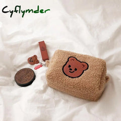 Cyflymder Bear Flannel Cosmetic Bag Portable Large Capacity Wash Women Travel Makeup Brush