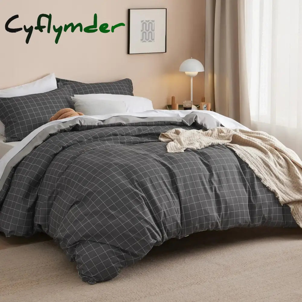 Cyflymder Bedsure Plaid Duvet Cover Twin Size - Grid Duvet Cover Set for Kids with Zipper Closure Dark Grey Bedding Set