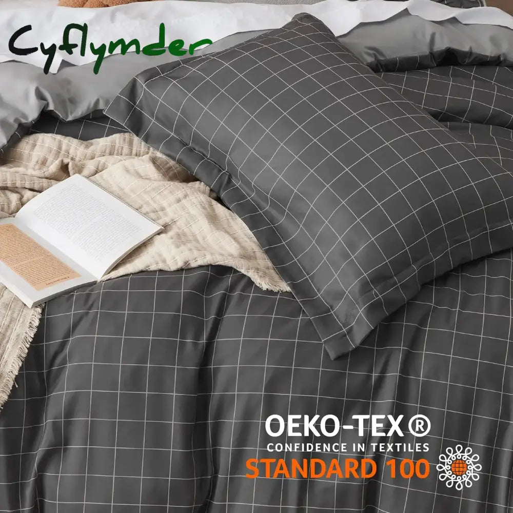 Cyflymder Bedsure Plaid Duvet Cover Twin Size - Grid Duvet Cover Set for Kids with Zipper Closure Dark Grey Bedding Set