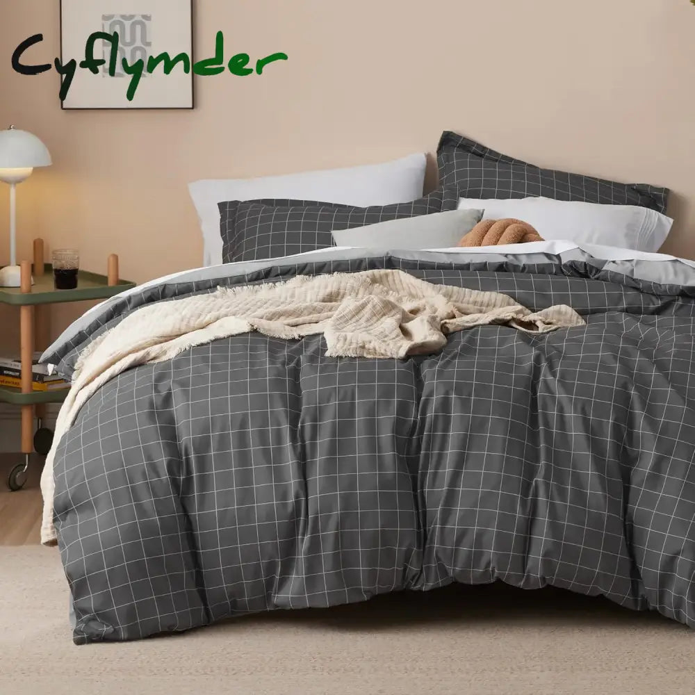 Cyflymder Bedsure Plaid Duvet Cover Twin Size - Grid Duvet Cover Set for Kids with Zipper Closure Dark Grey Bedding Set