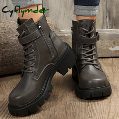 Cyflymder Belt Buckle Platform Combat Boots Women Chunky Heels Lace Up Ankle Woman Side Zipper Pu