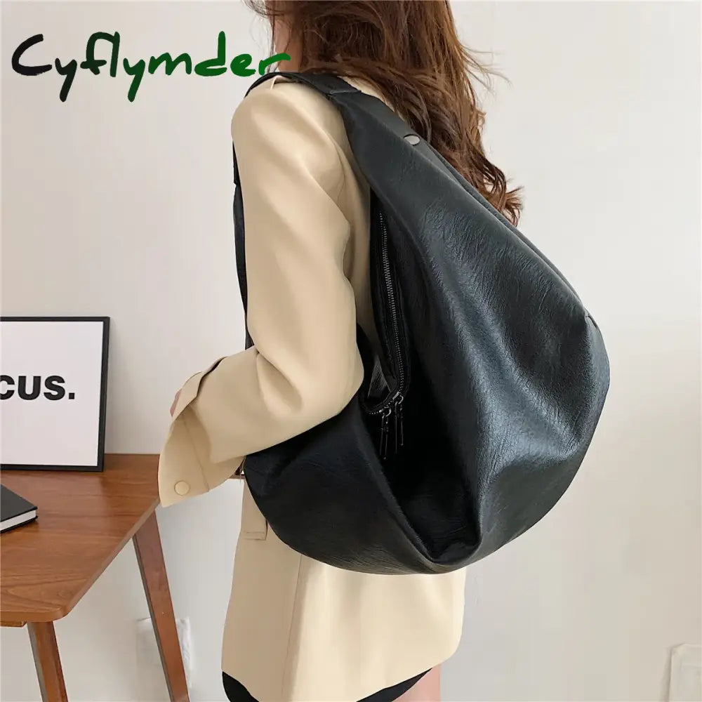 Cyflymder Big Black Shoulder Bags For Women Large Hobo Shopper Bag Solid Color Quality Soft Leather