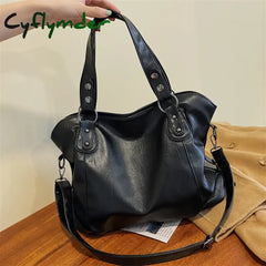 Cyflymder Big Black Shoulder Bags For Women Large Hobo Shopper Bag Solid Color Quality Soft Leather