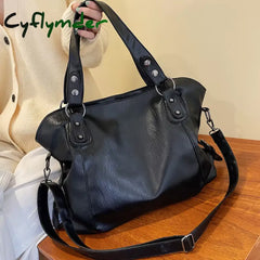 Cyflymder Big Black Shoulder Bags For Women Large Hobo Shopper Bag Solid Color Quality Soft Leather