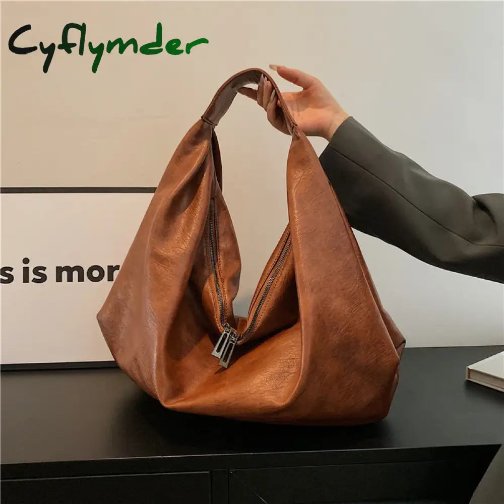 Cyflymder Big Black Shoulder Bags For Women Large Hobo Shopper Bag Solid Color Quality Soft Leather