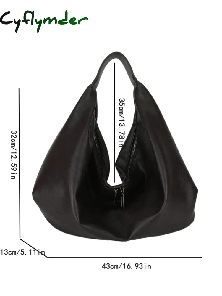 Cyflymder Big Black Shoulder Bags For Women Large Hobo Shopper Bag Solid Color Quality Soft Leather