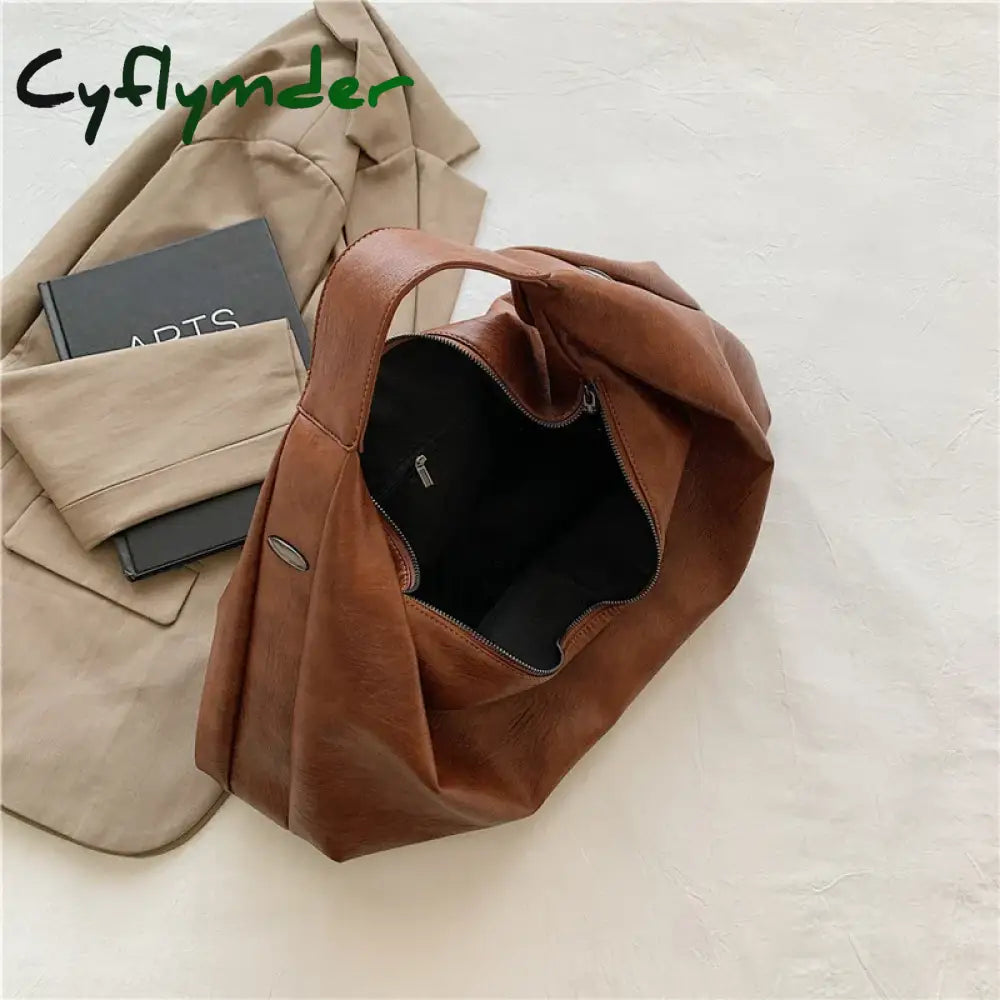 Cyflymder Big Black Shoulder Bags For Women Large Hobo Shopper Bag Solid Color Quality Soft Leather