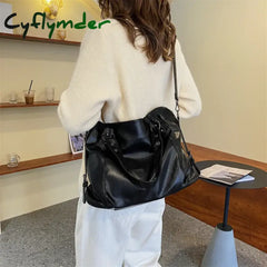 Cyflymder Big Black Shoulder Bags For Women Large Hobo Shopper Bag Solid Color Quality Soft Leather