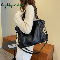 Cyflymder Big Black Shoulder Bags For Women Large Hobo Shopper Bag Solid Color Quality Soft Leather