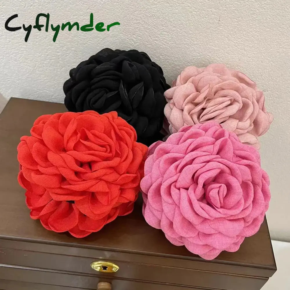 Cyflymder Big Rose Flower Large Hair Claw Clip Elegant Korean Lady Fabric Flower Hairpin Women