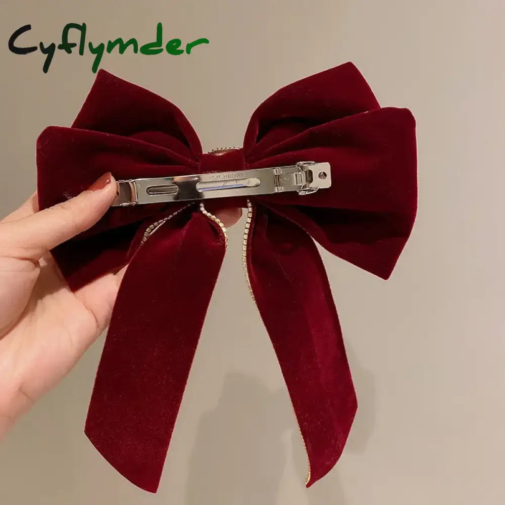 Cyflymder Big Velvet Bowknot Inlaid Rhinestones Imitation Pearl Hair Clips for Women Girls Vintage Soft Hairgrip Autumn