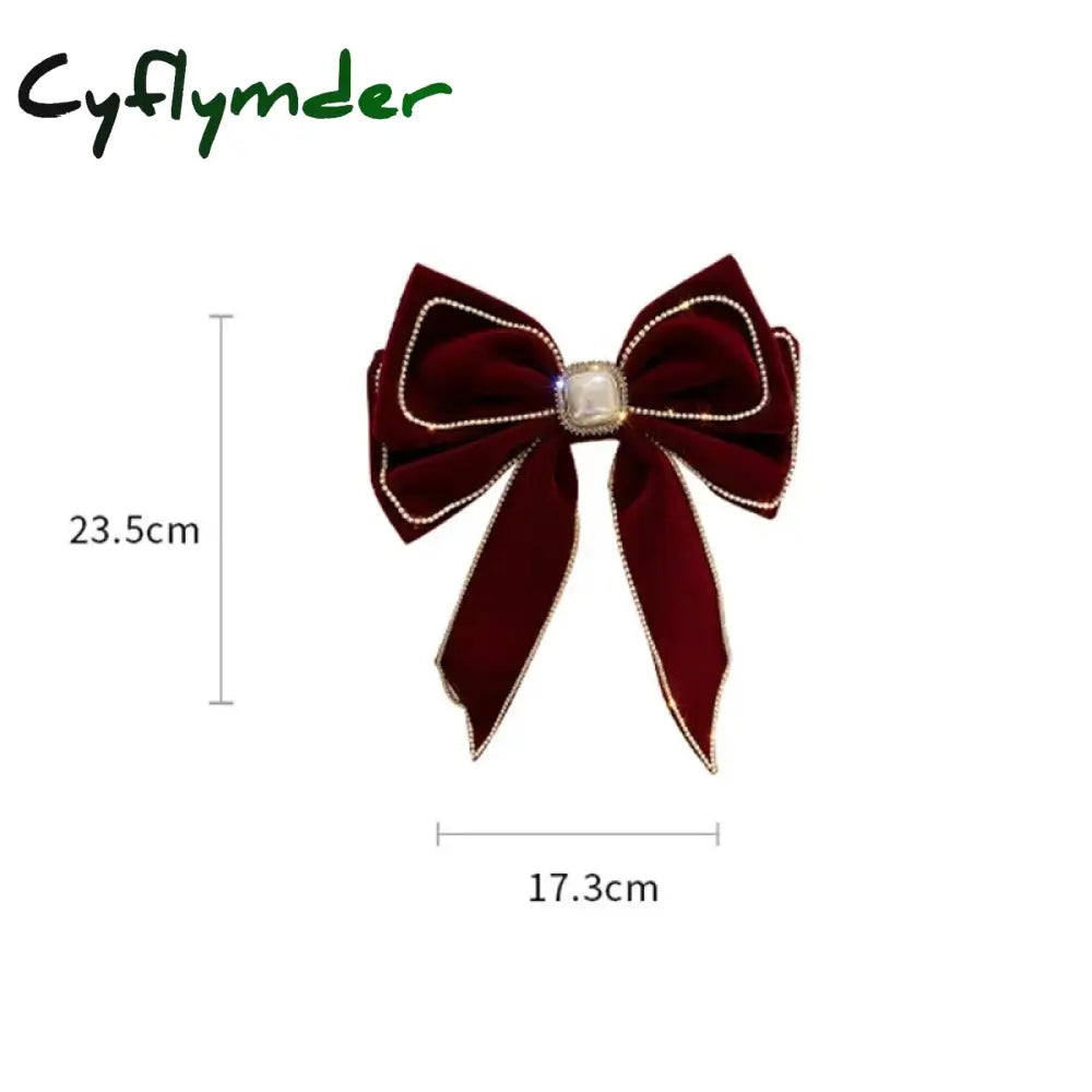 Cyflymder Big Velvet Bowknot Inlaid Rhinestones Imitation Pearl Hair Clips for Women Girls Vintage Soft Hairgrip Autumn